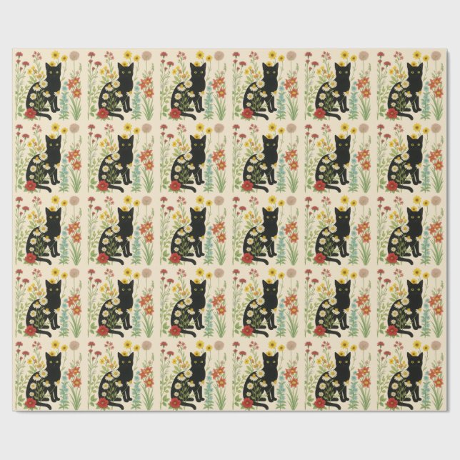Botanical Nature – Black Cat in Wildflower Garden Presentpapper (Platt)