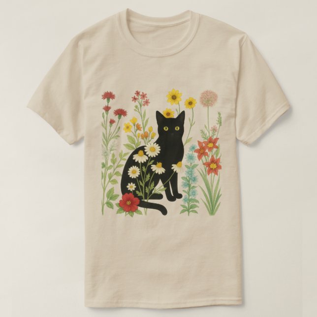 Botanical Nature – Black Cat in Wildflower Garden T Shirt (Design framsida)