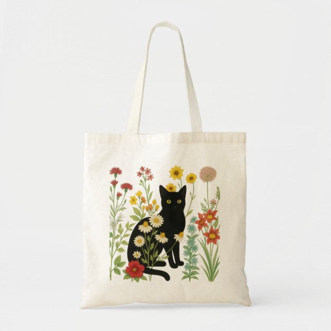 Botanical Nature – Black Cat in Wildflower Garden Tygkasse (Framsidan)