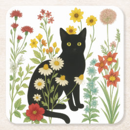 Botanical Nature – Black Cat in Wildflower Garden Underlägg Papper Kvadrat