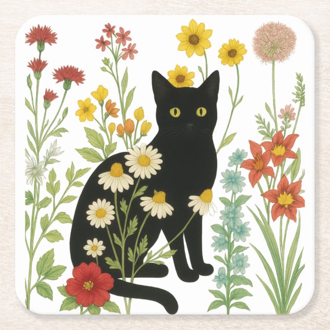  Botanical Nature – Black Cat in Wildflower Garden Underlägg Papper Kvadrat (Framsidan)
