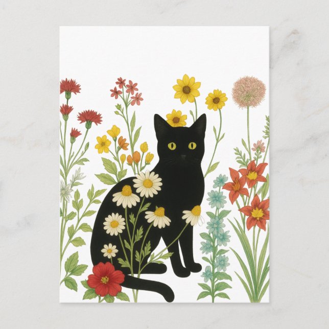 Botanical Nature – Black Cat in Wildflower Garden Vykort (Framsida)