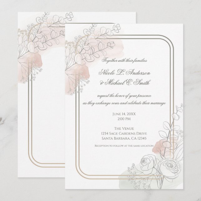 Botanical Outline Sage & Blush Floral Wedding  Inbjudningar (Fram/baksida)