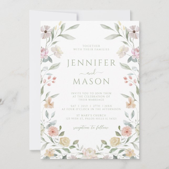 Botanical Pastel Flower Wreath Wedding Invitation Inbjudningar (Framsida)