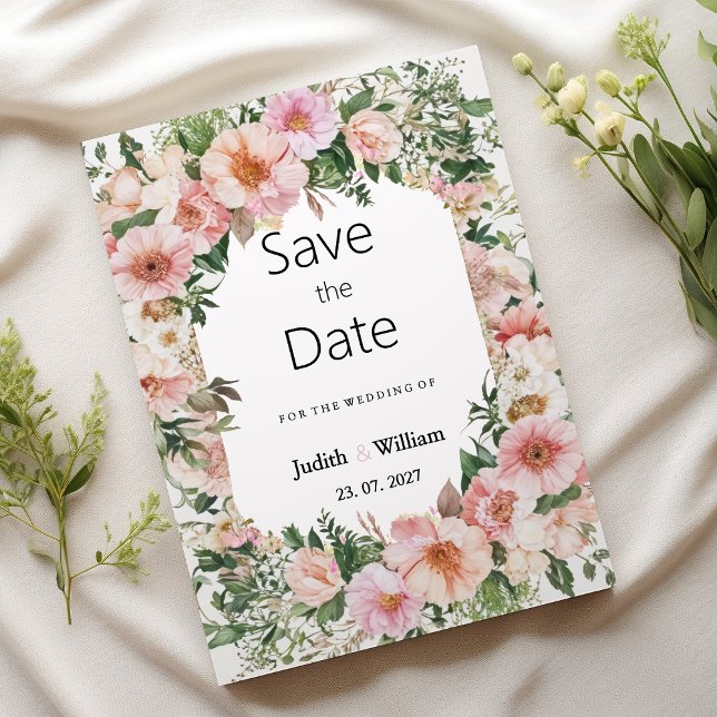 Botanical pink blossom summer floral Save the Date Inbjudningar (Botanical pink blossom summer floral Save the Date )