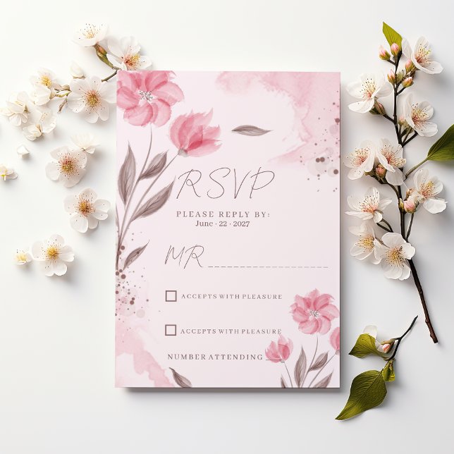 Botanical pink brown watercolor floral RSVP  Inbjudningar (Botanical pink brown watercolor floral RSVP)