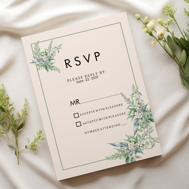 Botanical pink mint ivory floral RSVP Inbjudningar (Botanical pink mint ivory floral RSVP )