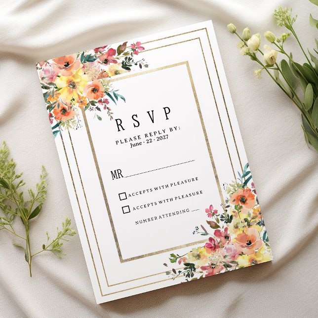 Botanical pink orange gold floral country RSVP Inbjudningar (Botanical pink orange gold floral country RSVP)