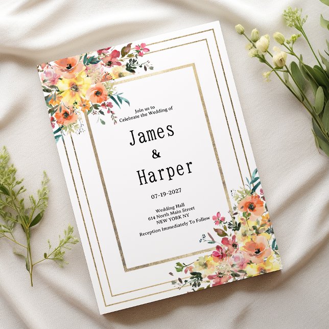 Botanical pink orange gold floral country Wedding  Inbjudningar (Botanical pink orange gold floral country Wedding )