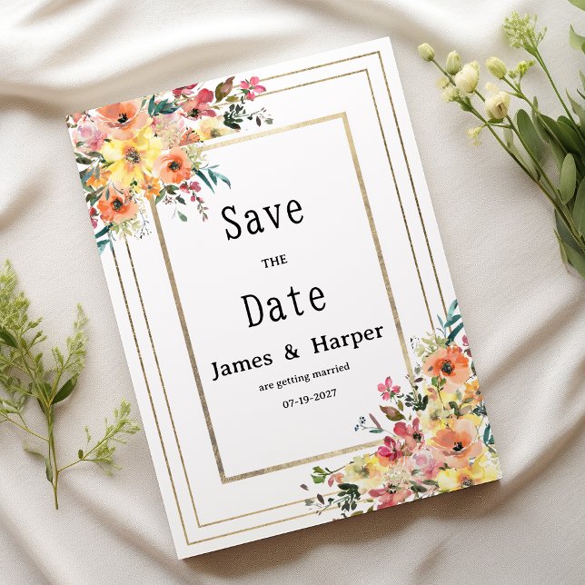 Botanical pink orange gold floral Save the Date Inbjudningar (Botanical pink orange gold floral Save the Date)