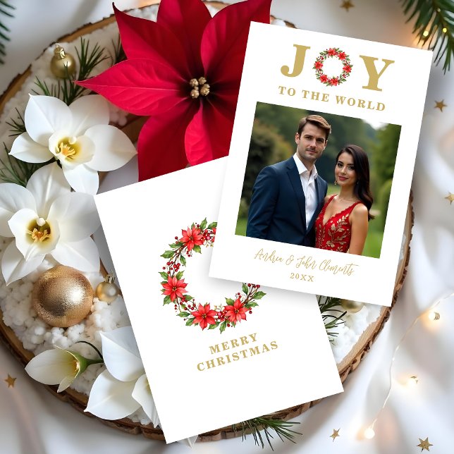 Botanical Ponsettia Christmas Wreath Photo Family  Julkort (Botanical Poinsettias Christmas Wreath Photo Family Holidays Cards with Joy to the World Quote. )