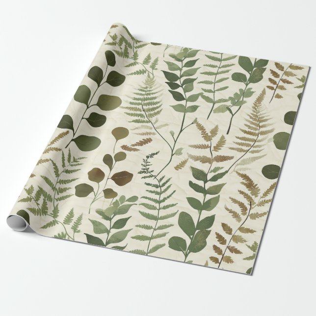 Botanical Pressed Leaves Pattern – Fern Print Presentpapper (Utrullad)