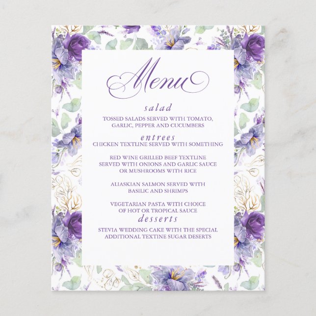 Botanical Purple and Gold Floral Wedding Menu Flygblad (Framsidan)