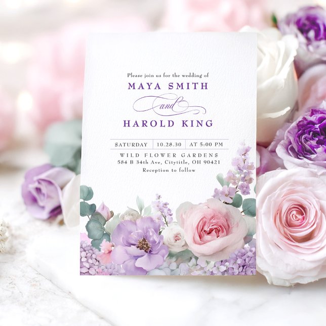 Botanical Purple and Pink Floral Boho Wedding Inbjudningar (Purple and Pink Flowers Wedding Invitations)