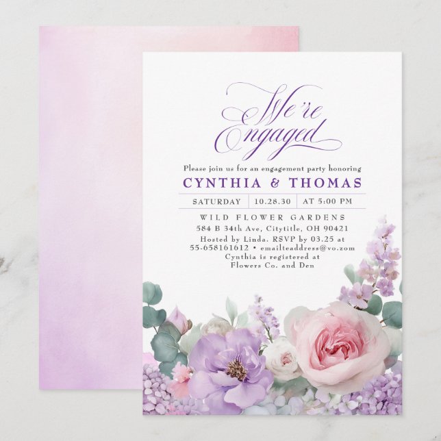 Botanical Purple Pink Floral Boho Engagement Party Inbjudningar (Fram/baksida)
