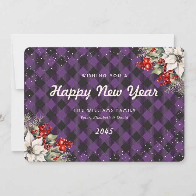 Botanical Purple Plaid Snow New Year Card Julkort (Framsida)