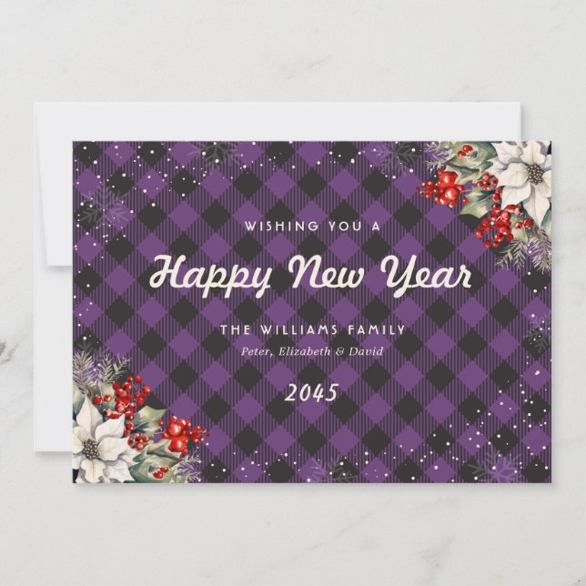 Botanical Purple Plaid Snowflake New Year Card Julkort (Framsida)