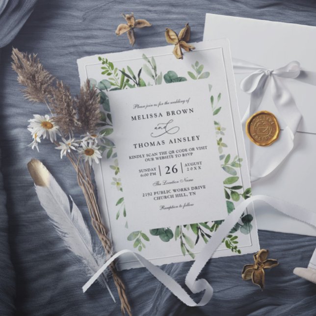 Botanical Rustic Greenery Elegant QR Code Wedding Inbjudningar (Skapare uppladdad)