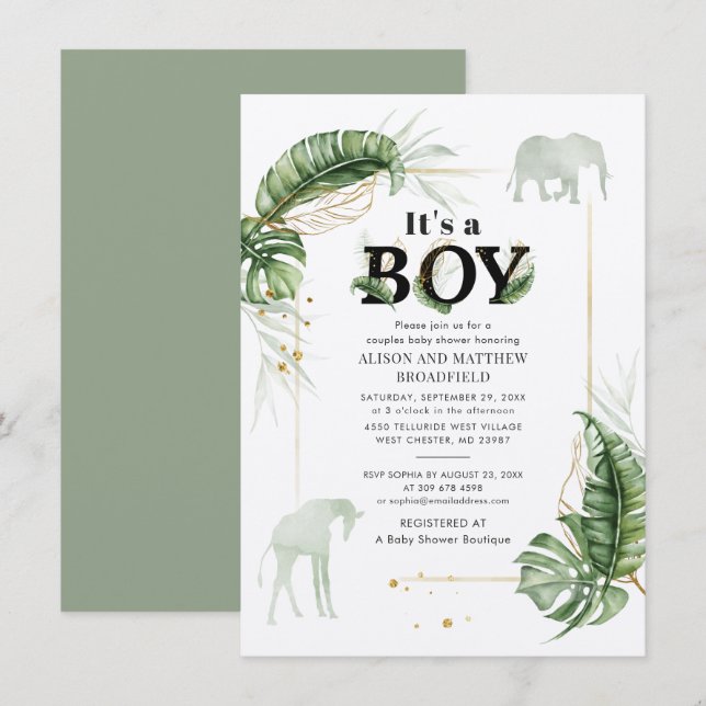 Botanical Safari Elephant Giraffe Boy Shower Inbjudningar (Fram/baksida)