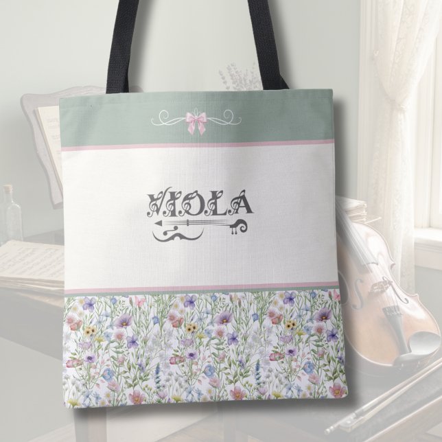 Botanical Sage Green Viola | String Player Tygkasse (Botanical Viola Tote Bag | Sage Green & Pink Wildflower | Personalized Orchestra Gift)