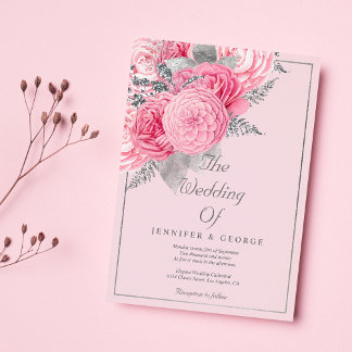 Botanical silver glitter pink floral wedding  inbjudningar