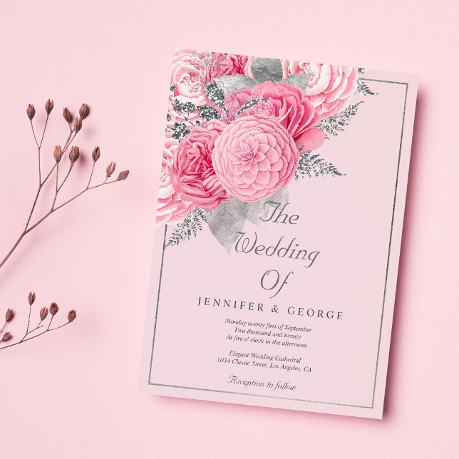 Botanical silver glitter pink floral wedding  inbjudningar (Botanical silver glitter pink floral wedding)