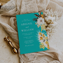 Botanical Sunshine Garden Florals Teal Wedding Inbjudningar