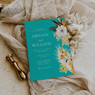 Botanical Sunshine Garden Florals Teal Wedding Inbjudningar