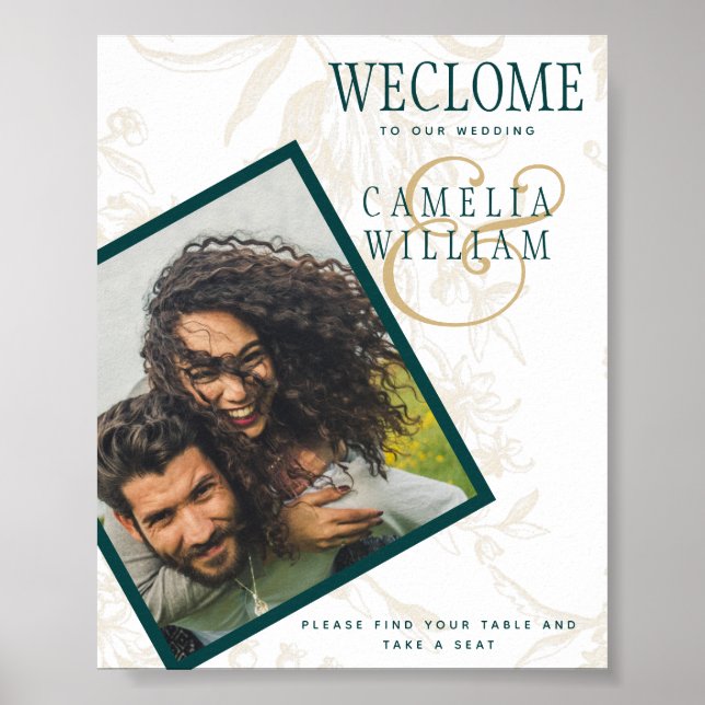 BOTANICAL TEAL GOLD PHOTO Wedding WELCOME Poster (Framsidan)