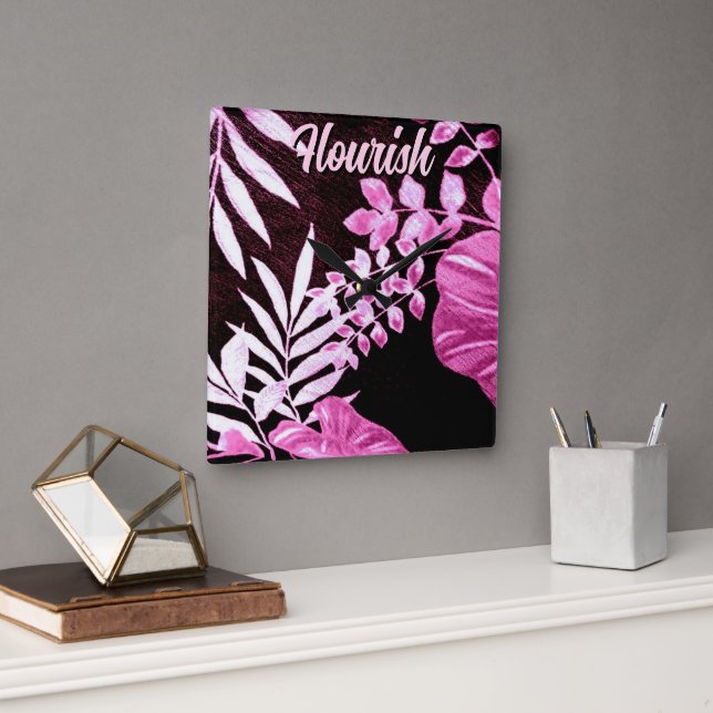 Botanical Tropical Leaves Palm Pink Personalized Fyrkantig Klocka (Kontor)