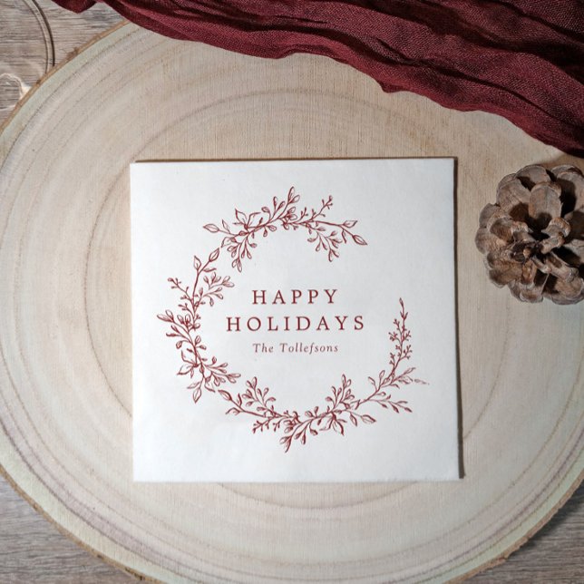 Botanical Vintage Burgundy Wreath Christmas Pappersservett (Vintage burgundy wreath Christmas or holiday party napkins for personal or business use.)