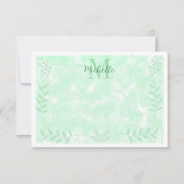 Botanical Watercolor Branches Leaves Monogram   Anteckningskort (Framsida)