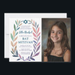 Botanical Watercolor CUSTOM PHOTO Bat Bar Mitzvah Inbjudningar<br><div class="desc">Perfect card to announce a bat mitzvah, bar mitzvah or other Jewish celebration! Hand drawn delicate leaf trame art for you! FULLY CUSTOMIZABLE! Click on “Personalize” above to edit the text, add your photo. Click "edit using design tool" to adjust the fonts, colors and placements. Also you can easily change...</div>
