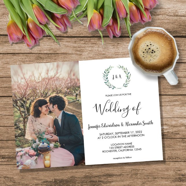 Botanical watercolor leaves monogram photo Wedding Inbjudningar (Botanical watercolor leaves monogram photo Wedding Invitation.)