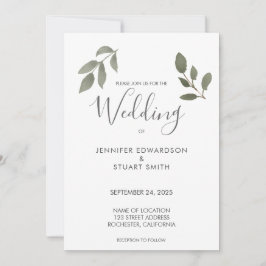 Botanical watercolor leaves wedding invitation spara datumet