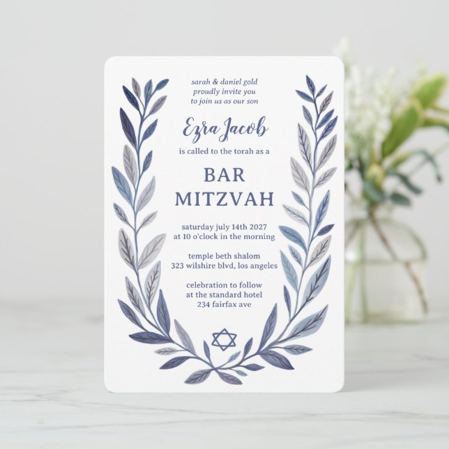 Botanical Watercolor Star of David Bar Bat Mitzvah Inbjudningar (Stående Fram)