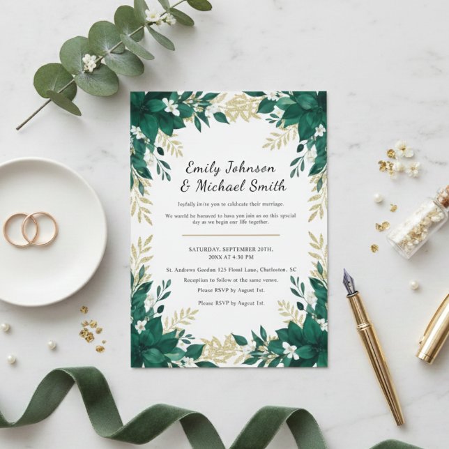 Botanical Wedding Invitation with Green Leaves  Inbjudningar (Skapare uppladdad)