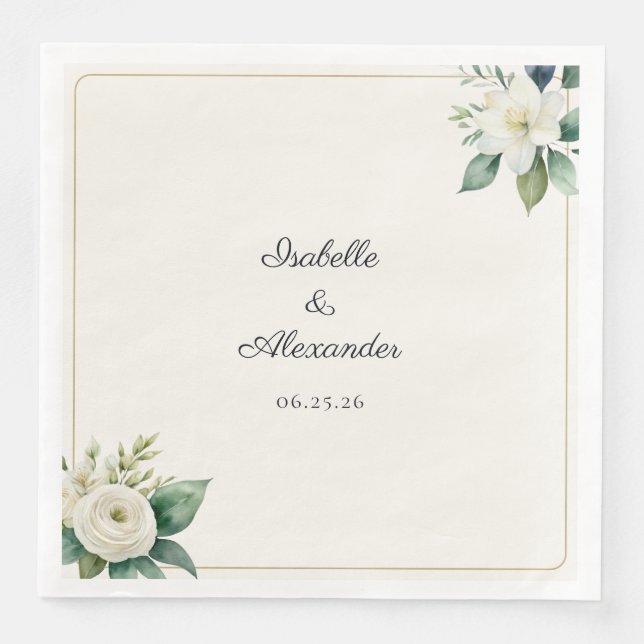Botanical White Floral Green Leaves Personalized Pappersservett (Framsida)