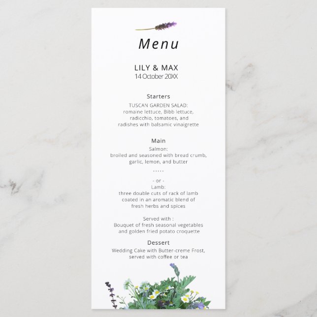 Botanical Wildflower Wedding Menu Meny (Framsida)