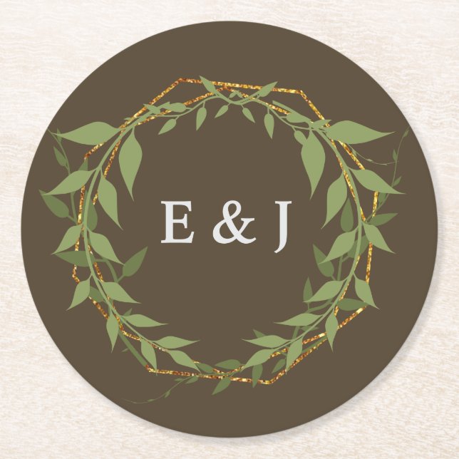 Botanical Wreath Earth Tone Wedding Underlägg Papper Rund (Framsidan)