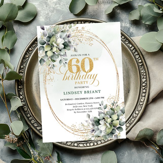 Botanisk 60-års födelsedags Boho Grön Inbjudan (Botanical 60th Birthday Boho Green Invite

)