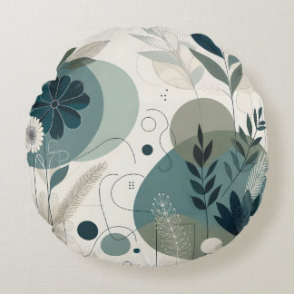 Botanisk Abstrakt Teal Och Neutrala Nyanser Rund Kudde