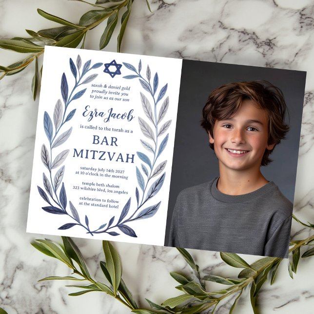 Botanisk akvarell ANPASSAD FOTO Bar Mitsva Inbjudningar (Botanical Watercolor CUSTOM PHOTO Bat Bar Mitzvah Invitation
)