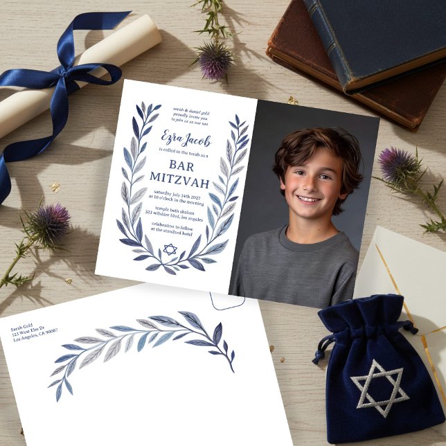 Botanisk akvarell ANPASSAD FOTO Bar Mitsva Vykort (Botanical Watercolor CUSTOM PHOTO Bat Bar Mitzvah Invitation Postcard
)
