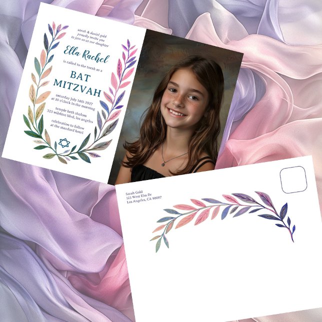 Botanisk akvarell ANPASSAD FOTO Bar Mitsva Vykort (Botanical Watercolor CUSTOM PHOTO Bat Bar Mitzvah Postcard Invitation
)