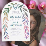 Botanisk akvarell Bar Mitzvah valv Foto Inbjudningar<br><div class="desc">Perfekt kort för att tillkännage en bat mitzvah, bar mitzvah eller annan judisk fest! Handritad delikat lövbård för dig! HELT ANPASSNINGSBAR! Klicka på " Anpassa" ovan för att redigera texten och lägga till ditt foto på baksidan. Klicka på "redigera med hjälp av designverktyg" för att justera typsnitt, färger och placeringar....</div>
