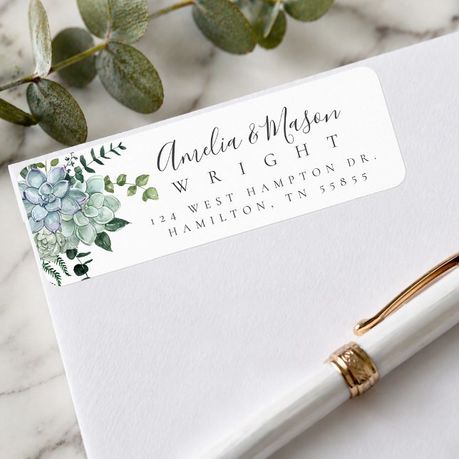 Botanisk akvarell Sukkulent Bröllop Adress Returadress Etikett (Botanical Watercolor Succulent Wedding Address Label)