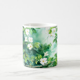 Botanisk akvarell Vita Blommor Gröna blad Kaffemugg