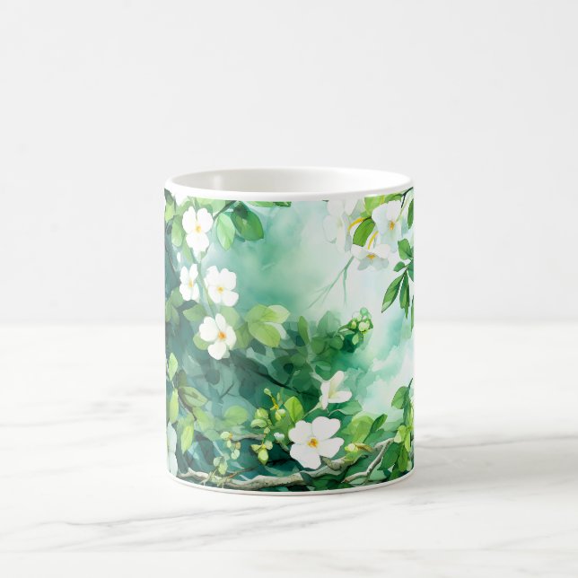 Botanisk akvarell Vita Blommor Gröna blad Kaffemugg (Center)