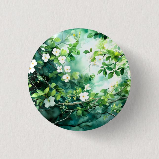 Botanisk akvarell Vita Blommor Gröna blad Knapp (Framsida)